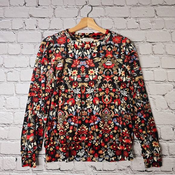 Loft Dark Floral Forest Velour Velvet Soft Knit Long Sleeve Crew Neck Top XS - Picture 1 of 10